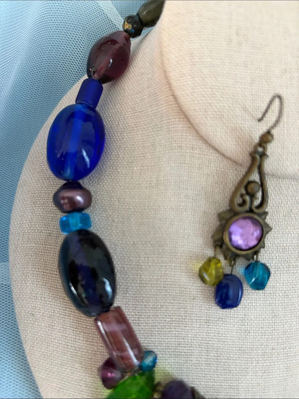 Chico's Green and Purple Statement Necklace with Matching Earrings Pierced